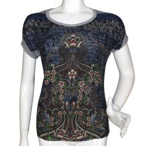 DESIGUAL Tee, XS, Grey/Multicolor Floral, Silvery Rhinestones/Studs, Cap sleeve